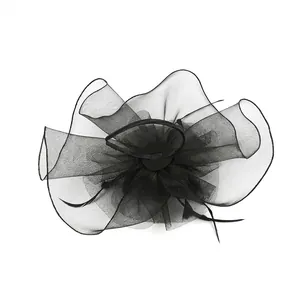 Elegant black fascinator with mesh petals and feather accents on a slim headband for parties