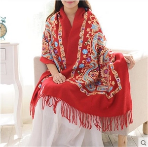 Ethnic wool shawl with cashew embroidery and tassels, red embroidered scarf for women
