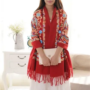 Ethnic red embroidered wool shawl with paisley patterns and long fringes for women