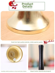 Detailed macro view of golden metal hand bell with ergonomic black handle and clapper