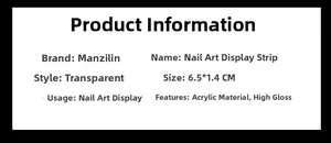 Macro detail of clear acrylic nail display strips with size specifications 6.5x1.4cm