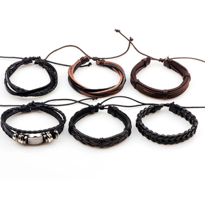 Set of six layered leather and braided cord bracelets in black and brown styles