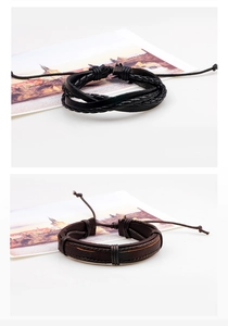 Detail showing woven black and brown leather bracelets with adjustable drawstrings