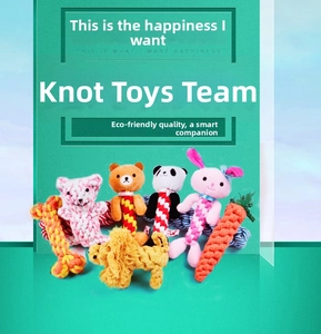 Detailed set of colorful cotton rope chew toys for dogs featuring assorted animal shapes