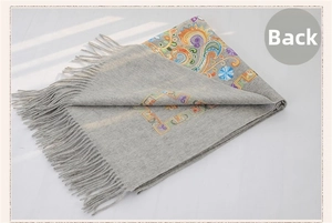 Close-up of the reverse side showing intricate paisley embroidery on gray wool shawl