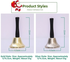 Close-up of gold and silver hand bells with wooden handles, 12cm height and 6.5cm base