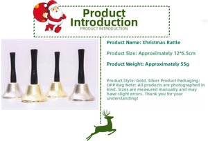 Detailed specs of gold and silver Christmas hand bells showing 12cm height and 6.5cm diameter