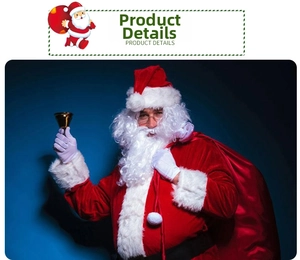 Close-up of Santa Claus costume with plush white trim, golden bell, and red gift bag