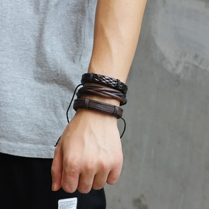 Three-piece set of men's vintage woven leather bracelets in dark brown and black styles
