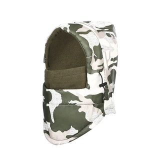 Detail of waterproof camouflage balaclava with warm olive green fleece lining and drawstring