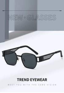 Detail view of punk square sunglasses with unique hollow horizontal stripe temple design