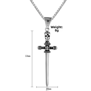 Detailed view of punk skull cross sword pendant with dimensions 53mm x 20mm and 8g weight