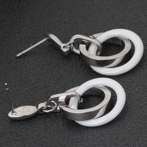 Minimalist 16mm stainless steel and white ceramic interlocking round drop earrings