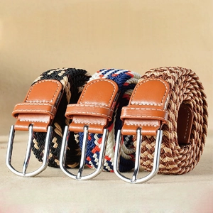 Three-pack elastic woven belts for men and women with leather details and metal buckle