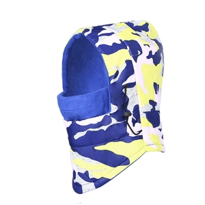 Waterproof camo balaclava with warm navy fleece lining and adjustable drawstring