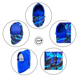 Detail view of camouflage balaclava showing fleece lining and adjustable drawstring cord