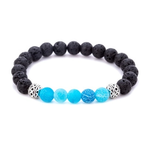 Detailed macro view of black lava stone beads and blue veined stones on elastic bracelet