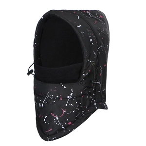 Detail of waterproof camouflage balaclava with warm fleece lining and adjustable drawstrings
