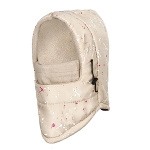 Detail of waterproof fleece lining and adjustable drawstring on beige splatter hood
