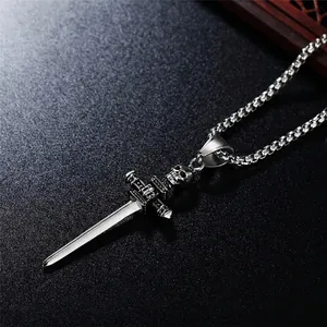 Punk vintage stainless steel skull and sword pendant necklace with square link chain