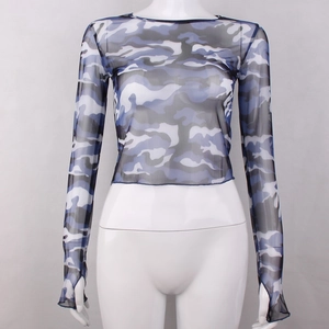 Detail of blue camouflage mesh crop top featuring long sleeves and thumbhole cuffs