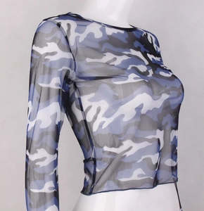 Detail of blue camouflage mesh long sleeve crop top on a white mannequin torso