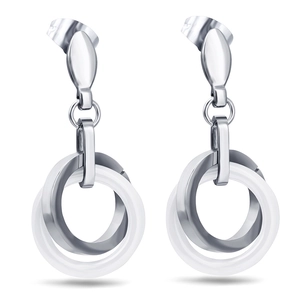 Minimalist Stainless Steel White Ceramic Interlocking Drop Earrings For Women Geometric Circular Double Layer Fashion Jewelry