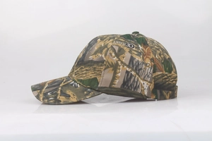 Macro shot of 3D leaf camouflage pattern and curved brim on a quick-dry sun protection hat