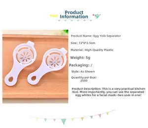 Close-up of two white plastic egg yolk separators with dimensions 13x6x2.5cm and hanging hole