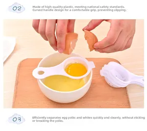 Close-up of white egg separator filtering egg white from yolk over a white ceramic bowl