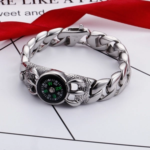 Men's retro stainless steel compass bracelet with heavy Cuban chain and dragon claw motif