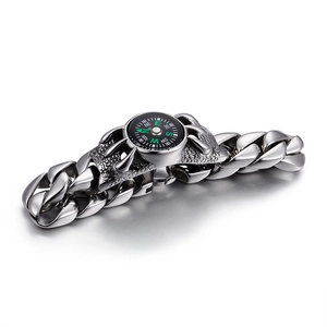 Men's vintage silver stainless steel Cuban chain bracelet with outdoor functional compass