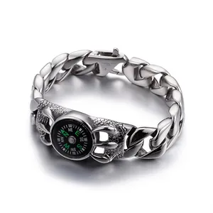 Men's Cuban Link Bracelet 316L Stainless Steel Functional Compass Dragon Claw Retro Punk Outdoor Fashion Jewelry