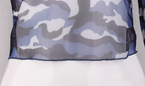 Detailed macro view of the camouflage mesh fabric texture and hem stitching on the top