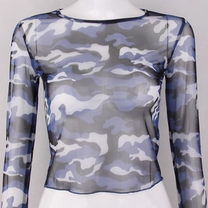 Detail of blue camouflage mesh fabric texture on long sleeve slim fit sheer top