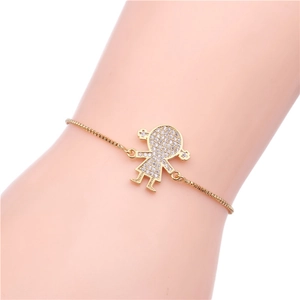 Detail of adjustable gold-plated box chain bracelet with a sparkling girl charm