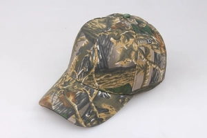 Detail shot of camo baseball cap with ILLUSION 3D embroidery and 6-panel structure