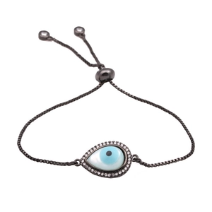 Adjustable evil eye water drop bracelet in gunmetal finish with blue zircon shell charm
