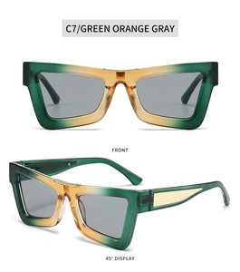 Front and side view of trendy cat-eye sunglasses with green orange gradient frames