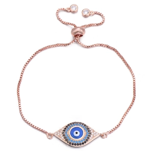 Adjustable rose gold evil eye bracelet with blue and white cubic zirconia stones
