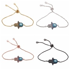 Detail of adjustable evil eye bracelets in gold, silver, rose gold and black finish