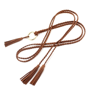 Handwoven brown waist chain belt with gold metal ring and fringe tassels on white background