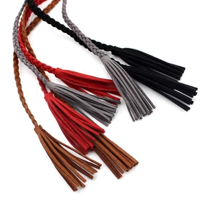Handmade braided fringe waist belt in faux suede with tassels and decorative rings