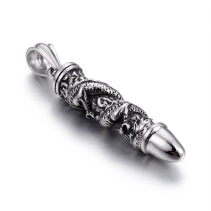 Men's retro stainless steel bullet necklace pendant featuring detailed dragon carving