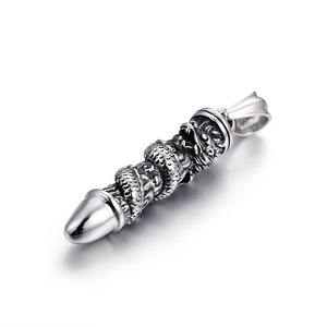 Men's retro stainless steel bullet necklace featuring a detailed silver dragon carving