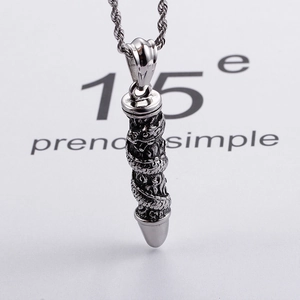 Mens stainless steel bullet necklace with dragon column pendant and twisted rope chain