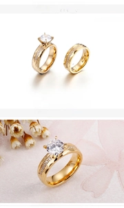 Detail of 18K gold plated titanium steel rings with cubic zirconia and 6mm width band