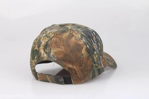 Rear view of camouflage baseball cap showing adjustable strap and leaf pattern