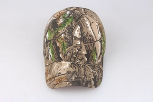 Top view of camouflage baseball cap with realistic tree leaves pattern and brim detail
