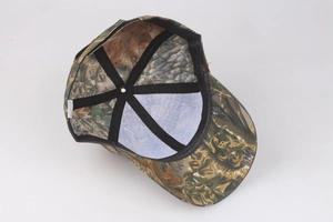Detail of internal six-panel structure and reinforced stitching on camo baseball cap